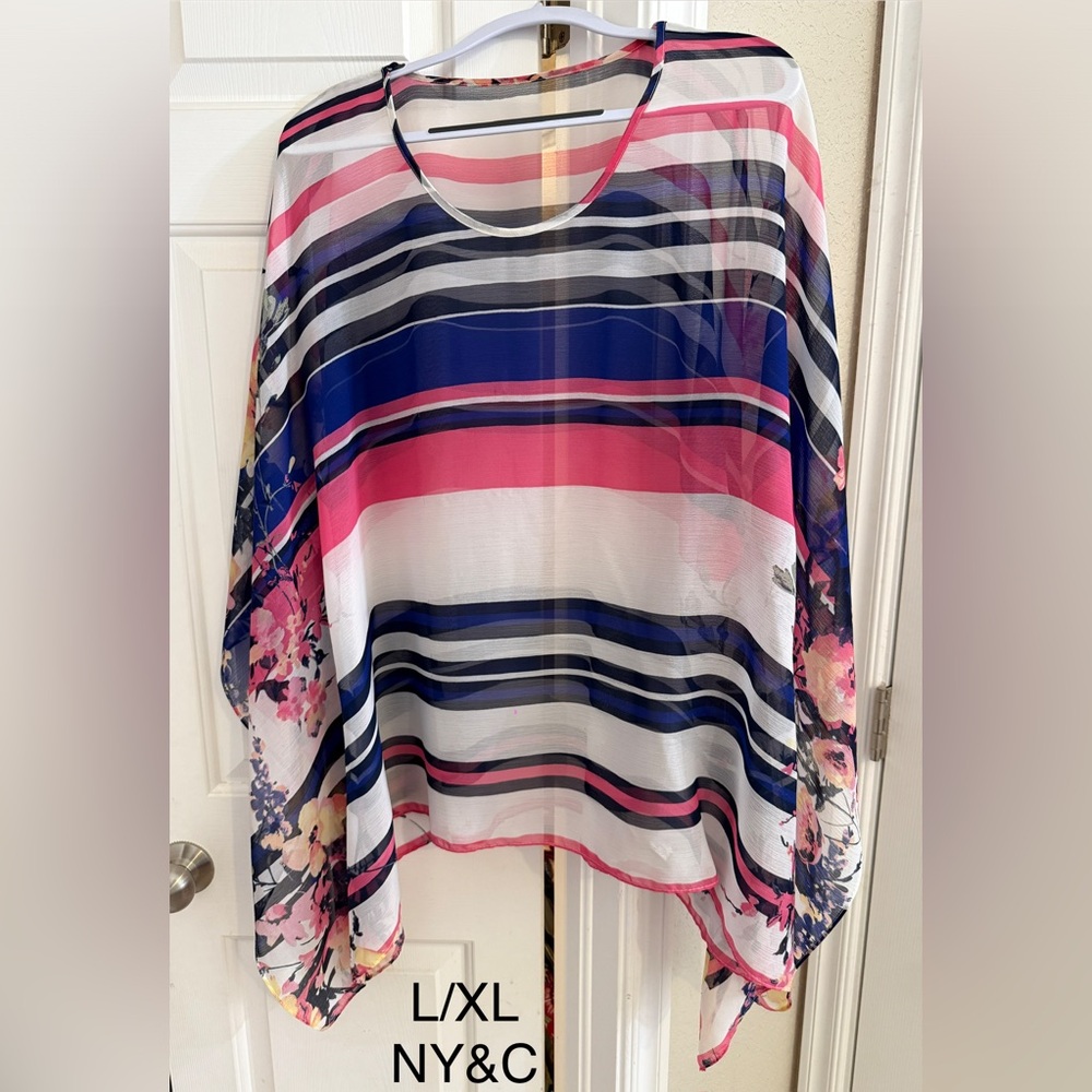 New York & Company Multicolor Striped Poncho Blouse